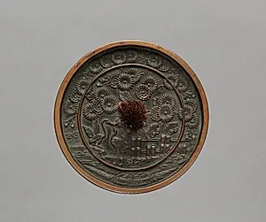 Mirror with Pair of Cranes in Chrysanthemum by Unknown Artist