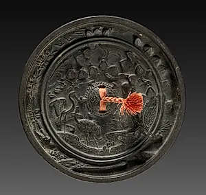 Mirror with Pair of Cranes in Landscape by Unknown Artist