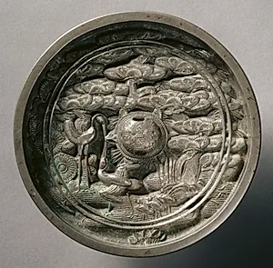 Mirror with Pine, Bamboo, and Cranes by Unknown Artist