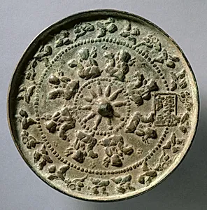 Mirror with Wheel Spokes and Riding Boys by Unknown Artist