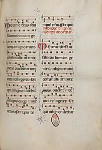 Missale: Fol. 182: Music for various ordinary prayers by Bartolommeo Caporali (Italian, c. 1420–1503)