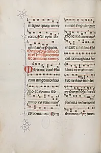 Missale: Fol. 182v: Music for various ordinary prayers by Bartolommeo Caporali (Italian, c. 1420–1503)