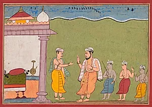 Nanda Solves Vasudeva’s Dilemma, from a Bhagavata Purana by Unknown Artist