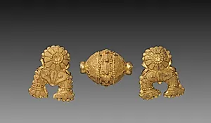 Necklace Bead and Pair of Pendants in the Shape of an Auspicious Symbol by Unknown Artist