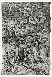 Neptune Calming the Tempest That Aeolus Raised Against Aeneas's Fleet by Marcantonio Raimondi (Italian, 1470/82–1527/34)