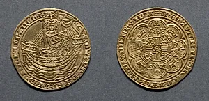 Noble: Edward III Standing in Ship with Shield of Arms (obverse); Ornamental Cross with Lis Terminals (reverse) by Unknown Artist