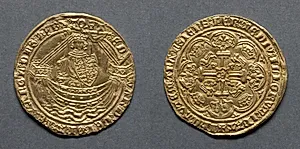 Noble: Edward III Standing in Ship with Shield of Arms (obverse); Ornamental Cross with Lis Terminals (reverse) by Unknown Artist