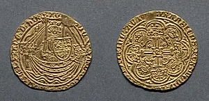 Noble: Richard II Standing on Ship with Shield of Arms (obverse); Ornamental Cross with Lis Terminals (reverse) by Unknown Artist