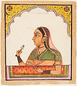 Noblewoman at a Jharokha Window Holding a Rose, from a Portraits of Women series by Unknown Artist