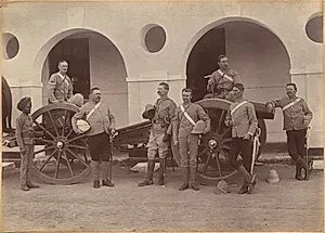 Officers of Elephant Battery, Jhansi (recto) by Raja Deen Dayal (Indian, 1844–1905)