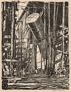 On the Clyde, 1917-1918:  Lifting an Oil Tank into a Train Ferry by Muirhead Bone (British, 1876–1953)