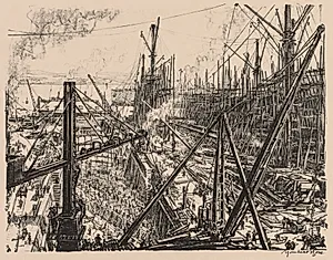 On the Clyde, 1917-1918:  Reconstructing a Clyde Shipyard by Muirhead Bone (British, 1876–1953)