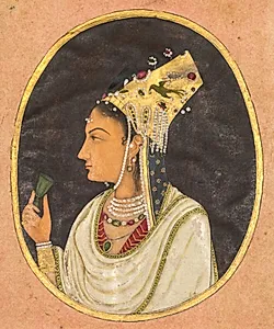 Oval portrait of a woman in a Chaghtai hat by Unknown Artist
