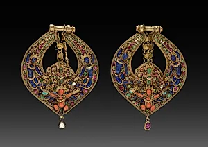 Pair of Deity Earrings with Vishnu on Garuda (front) and chepu (monster mask) (back) by Unknown Artist