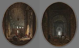 Pair of Paintings: The Colonnade of St. Peter's, Rome, during the Conclave and The Grotto of Posillipo