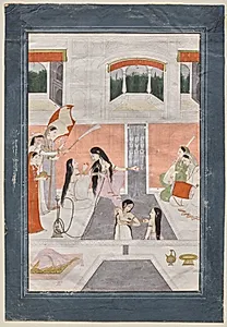 Palace women enjoy music by the side of a cascade by Unknown Artist