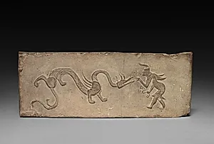 Panel from Model Cooking Stove:  Fairy Feeding Lingzhi Fungus to a Dragon by Unknown Artist