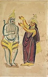 Parvati Placing a Wedding Garland on Shiva (recto), from a Kalighat album by Unknown Artist
