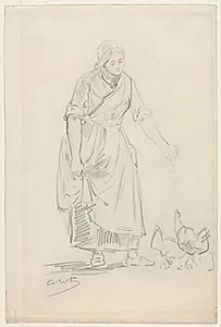Peasant Girl Feeding Chickens by Jean Baptiste Camille Corot (French, 1796–1875)