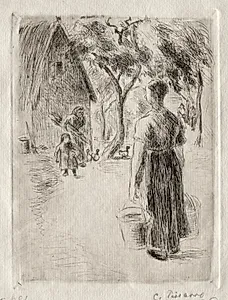 Peasant Woman Carrying Buckets by Camille Pissarro (French, 1830–1903)