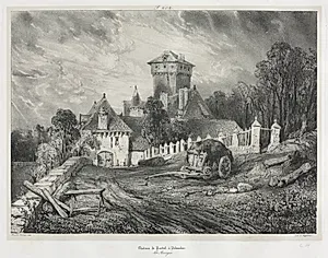 Picturesque and Romantic Journeys in Old France: Auvergne (vol. II): Pesteil Chateau at Polminhac, Plate 202  by Eugène Isabey (French, 1803–1886)