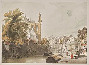 Picturesque Architecture in Paris, Ghent, Antwerp, Rouen:  Rue du Rivage, Abbeville, France by Thomas Shotter Boys (British, 1803–1874)