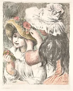 Pinning the Hat by Pierre-Auguste Renoir (French, 1841–1919)