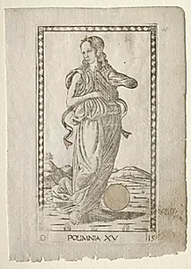 Polyhymnia (heroic hymns) (from the Tarocchi series D:  Apollo and the Muses, #15) by Master of the E-Series Tarocchi (Italian, 15th century)