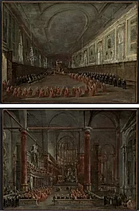 Pope Pius VI Descending the Throne to Take Leave of the Doge in the Hall of SS. Giovanni e Paolo, 1782 and Pontifical Ceremony in SS. Giovanni e Paolo, Venice, 1782 (pair) by Francesco Guardi (Italian, 1712–1793)