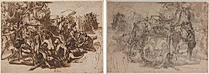 Poros Assailed by the Macedonian Army (recto); Sketches of Animals (verso) by Perino del Vaga (Italian, 1501–1547)