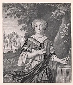 Portrait of a Woman near a Fountain, a Rose in Her Hand by Johan Thopas (Dutch, 1630–1700)