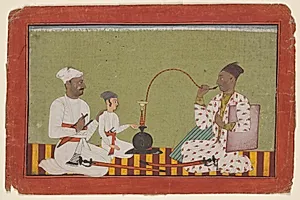 Posthumous portrait of Raja Chhatar Singh of Chamba smoking a hookah with his brother and son Udai Singh by Unknown Artist