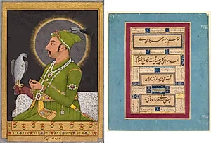 Posthumous portrait of the Mughal emperor Muhammad Shah (reigned 1719–1748) holding a falcon (recto); Calligraphy (verso) by Muhammad Rizavi Hindi (Indian, active mid-1700s)
