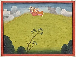 Pradyumna and Mayavati Fly to Dvaraka, from the Large Basohli Bhagavata Purana by Unknown Artist