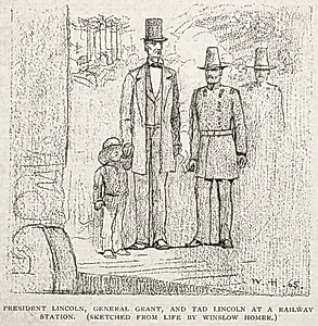 President Lincoln, General Grant, and Tad Lincoln at a Railway Station by Winslow Homer (American, 1836–1910)