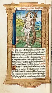 Printed Book of Hours (Use of Rome):  fol. 102v, St. Sebastian by Guillaume Le Rouge (French, Paris, active 1493–1517)