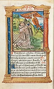 Printed Book of Hours (Use of Rome):  fol. 106v, St. Francis of Assisi by Guillaume Le Rouge (French, Paris, active 1493–1517)