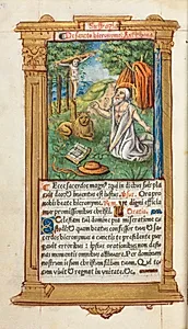 Printed Book of Hours (Use of Rome):  fol. 107v, St. Jerome and the Lion by Guillaume Le Rouge (French, Paris, active 1493–1517)