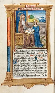 Printed Book of Hours (Use of Rome):  fol. 108v, Saint Anne and the Virgin Mary by Guillaume Le Rouge (French, Paris, active 1493–1517)