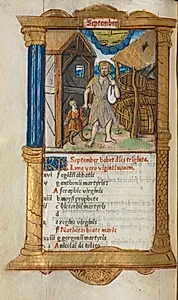 Printed Book of Hours (Use of Rome): fol. 10v, September calendar illustration by Guillaume Le Rouge (French, Paris, active 1493–1517)