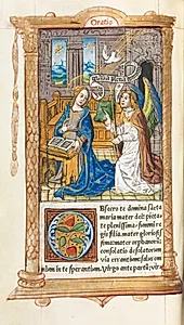 Printed Book of Hours (Use of Rome): fol. 60v, The Annunciation by Guillaume Le Rouge (French, Paris, active 1493–1517)