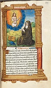 Printed Book of Hours (Use of Rome):  fol. 90r, St. Bridget in Prayer before an Apparition of Christ by Guillaume Le Rouge (French, Paris, active 1493–1517)