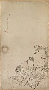Puppies, Sparrows, and Chrysanthemums by Nagasawa Rosetsu (Japanese, 1754–1799)