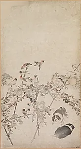 Puppies, Sparrows, and Chrysanthemums by Nagasawa Rosetsu (Japanese, 1754–1799)