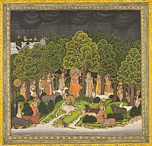 Radha and Krishna meet in the forest during a storm by Unknown Artist