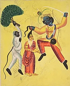 Rama and Hanuman, Holding an Uprooted Tree, Rescues Sita (recto), from a Kalighat album by Unknown Artist