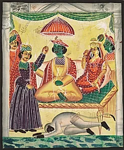 Rama and Sita enthroned (recto), from a Kalighat album by Unknown Artist