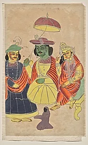 Rama and Sita enthroned with Lakshmana and Hanuman attending, from a Kalighat album by Unknown Artist