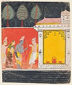 Rama, Sita, and Lakshmana visit the hermitage of the sage Bharadvaja at Prayaga, from Chapter 48 of the Ayodhya Kanda (Book of Ayodhya) of a Ramayana (Rama’s Journey) by Unknown Artist