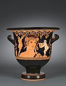 Red-Figure Bell-Krater (Mixing Vessel): Bust of Dionysos and Comic Actors (A); Dionysos, Satyr, Maenad (B) by Choregos Painter (South Italian, Apulian, active c. 390–380 BCE)